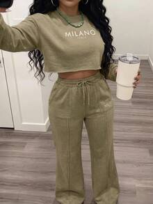 Slaydiva Army Green Winter Casual Occasion Women's Sportswear Set Autumn Round Neck Drop Shoulder Loose Cropped Sweater Top And Wide-Leg Straight Pants Pocket - Green - View 2