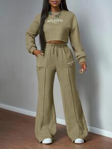 Slaydiva Army Green Winter Casual Occasion Women's Sportswear Set Autumn Round Neck Drop Shoulder Loose Cropped Sweater Top And Wide-Leg Straight Pants Pocket - Green - View 5