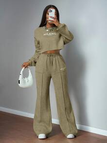 Slaydiva Army Green Winter Casual Occasion Women's Sportswear Set Autumn Round Neck Drop Shoulder Loose Cropped Sweater Top And Wide-Leg Straight Pants Pocket - Green - View 8