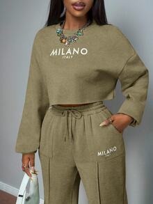 Slaydiva Army Green Winter Casual Occasion Women's Sportswear Set Autumn Round Neck Drop Shoulder Loose Cropped Sweater Top And Wide-Leg Straight Pants Pocket - Green - View 9