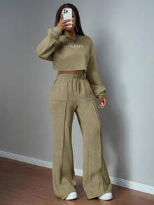 Slaydiva Army Green Winter Casual Occasion Women's Sportswear Set Autumn Round Neck Drop Shoulder Loose Cropped Sweater Top And Wide-Leg Straight Pants Pocket - Green - View 6