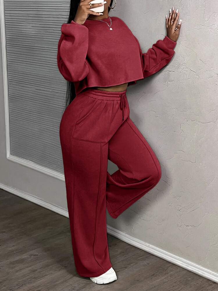 Slaydiva Women's Burgundy Autumn Casual Athleisure Streetwear Lounge 2 Pieces Set, Loose Thick Snowflake Long Sleeve Top Pants, Versatile Street Style - Red - View 9