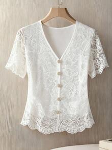 GlowEve Women's V-Neck Lace Solid Color Short Sleeve Ruffle Blouse - White - View 7