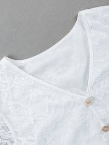 GlowEve Women's V-Neck Lace Solid Color Short Sleeve Ruffle Blouse - White - View 3