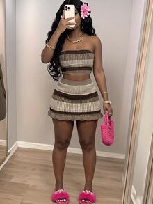 Slaydiva 2pcs/Set Women's Strapless Cropped Knit Bandeau Top + Gradient Color Ruffle Hem Mini Skirt Festival & Vacation Outfits In Fall/Winter - Coffee Brown - View 2