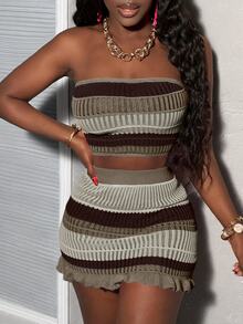 Slaydiva 2pcs/Set Women's Strapless Cropped Knit Bandeau Top + Gradient Color Ruffle Hem Mini Skirt Festival & Vacation Outfits In Fall/Winter - Coffee Brown - View 10