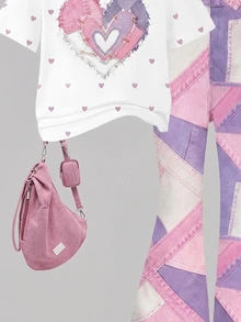 SHEIN Elladie kids 2件組復古粉色愛心印花T恤與喇叭褲套裝，可愛夏季返校女孩穿搭，Y2K校園風，新款圓領短袖T恤搭配鬆緊腰喇叭長褲，簡約百搭時尚通勤套裝 - 彩色 - 查看 8