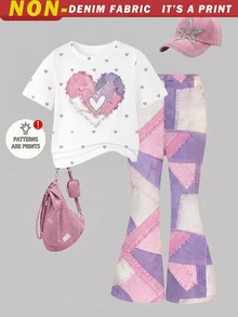 SHEIN Elladie kids 2件組復古粉色愛心印花T恤與喇叭褲套裝，可愛夏季返校女孩穿搭，Y2K校園風，新款圓領短袖T恤搭配鬆緊腰喇叭長褲，簡約百搭時尚通勤套裝 - 彩色 - 查看 5