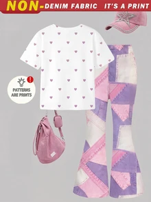 SHEIN Elladie kids 2件組復古粉色愛心印花T恤與喇叭褲套裝，可愛夏季返校女孩穿搭，Y2K校園風，新款圓領短袖T恤搭配鬆緊腰喇叭長褲，簡約百搭時尚通勤套裝 - 彩色 - 查看 4