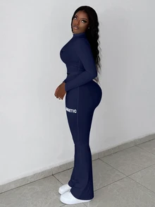 Slaydiva Set de 2 piezas de top con cremallera y pantalones de mujer, de estilo casual básico, de alta elasticidad y ajuste ceñido, con estampado de letras - Azul - Ver 9