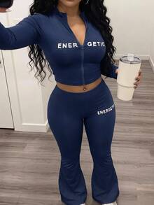 Slaydiva Set de 2 piezas de top con cremallera y pantalones de mujer, de estilo casual básico, de alta elasticidad y ajuste ceñido, con estampado de letras - Azul - Ver 4