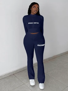 Slaydiva Set de 2 piezas de top con cremallera y pantalones de mujer, de estilo casual básico, de alta elasticidad y ajuste ceñido, con estampado de letras - Azul - Ver 5