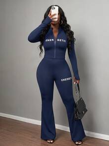 Slaydiva Set de 2 piezas de top con cremallera y pantalones de mujer, de estilo casual básico, de alta elasticidad y ajuste ceñido, con estampado de letras - Azul - Ver 3