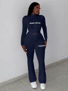Slaydiva Set de 2 piezas de top con cremallera y pantalones de mujer, de estilo casual básico, de alta elasticidad y ajuste ceñido, con estampado de letras - Azul - Ver 8