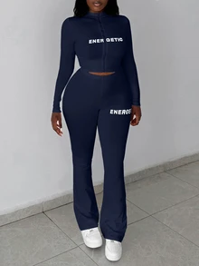Slaydiva Set de 2 piezas de top con cremallera y pantalones de mujer, de estilo casual básico, de alta elasticidad y ajuste ceñido, con estampado de letras - Azul - Ver 7