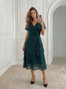 Miaspire Vestido midi de gasa con dobladillo asimétrico verde oliva 2026, cintura ceñida, elegante atuendo para vacaciones y fiestas, regalo del Día de la Madre - Verde Oscuro - Ver 3