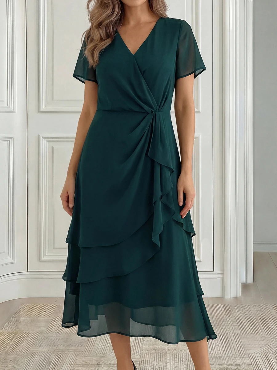 Miaspire Vestido midi de gasa con dobladillo asimétrico verde oliva 2026, cintura ceñida, elegante atuendo para vacaciones y fiestas, regalo del Día de la Madre - Verde Oscuro - Ver 1