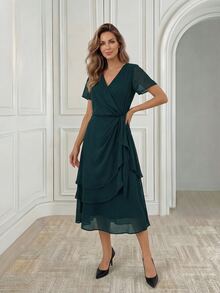 Miaspire Vestido midi de gasa con dobladillo asimétrico verde oliva 2026, cintura ceñida, elegante atuendo para vacaciones y fiestas, regalo del Día de la Madre - Verde Oscuro - Ver 4
