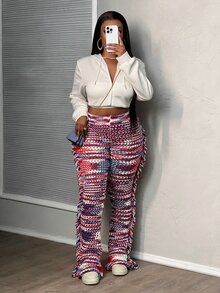 Slaydiva 2024秋冬時尚休閒街頭風女款居家外穿長版喇叭流蘇針織長褲，白色與海軍藍 - 彩色 - 查看 6
