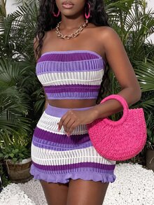 Slaydiva Festival Style Women Strapless Crop Top + Gradient Ruffle Mini Skirt 2 Pieces Set In Fall/Winter - Purple - View 3