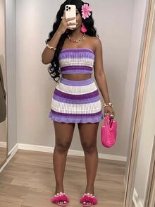 Slaydiva Festival Style Women Strapless Crop Top + Gradient Ruffle Mini Skirt 2 Pieces Set In Fall/Winter - Purple - View 2