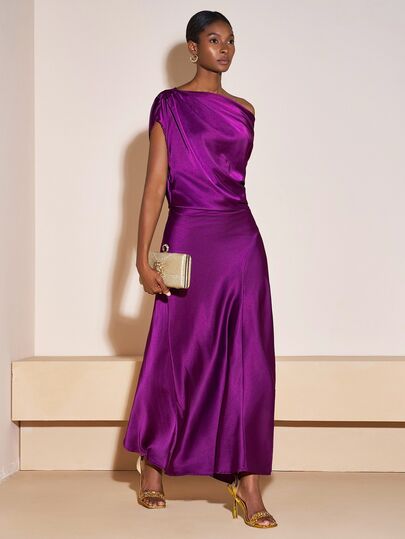 Zivah Elegant Mature Deep Purple Summer Long Satin Shiny Dress,Asymmetric Shoulder Wedding Guest Boho,Dining Party Dinner Outfits,Western Graduation