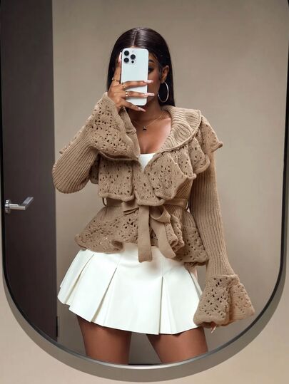 Slaydiva 2024 Autumn/Winter New Fashion Sexy & Sweet Hollow Out Ruffle Flare Sleeve Cardigan Sweater For Women - B
