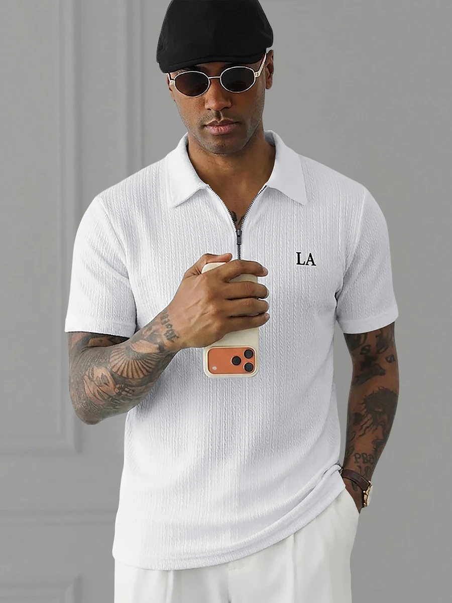 HUEFORM Men's Summer Letter Print Short Sleeve Polo Shirt, Mature, Business, Fashion - White - View 1