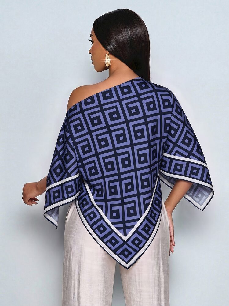 SOLERSUN Women's Brown Summer Elegant Party Asymmetric Neck Long Sleeve Asymmetrical Hem Blouse Vintage Retro Geometric Print Batwing Sleeve Tops - Blue - View 2