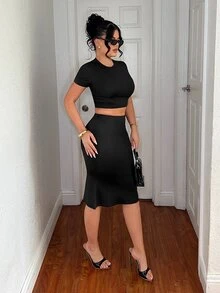 SHEIN SXY Women's Black Basic Short Sleeve T-Shirt And Mermaid Skirt Set Night Out Summer Minimalist Casual Basic - Black - View 4