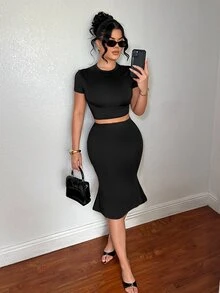 SHEIN SXY Women's Black Basic Short Sleeve T-Shirt And Mermaid Skirt Set Night Out Summer Minimalist Casual Basic - Black - View 7