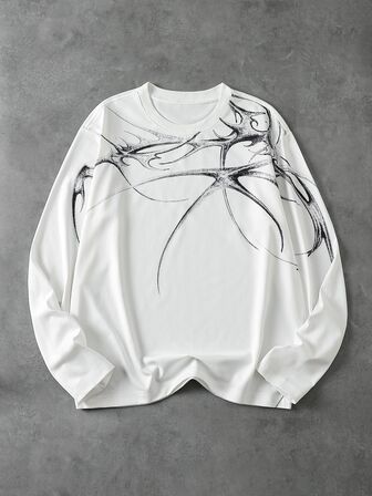 Camiseta casual de manga larga con cuello redondo y estampado de huesos para hombre