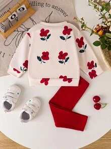 SHEIN Vintaside Kids Baby Girl 2pcs/Set Floral Print Ribbed Crew Neck Sweatshirt And Ribbed Leggings Comfortable & Stylish Casual Set For Autumn/Winter - Red - View 3