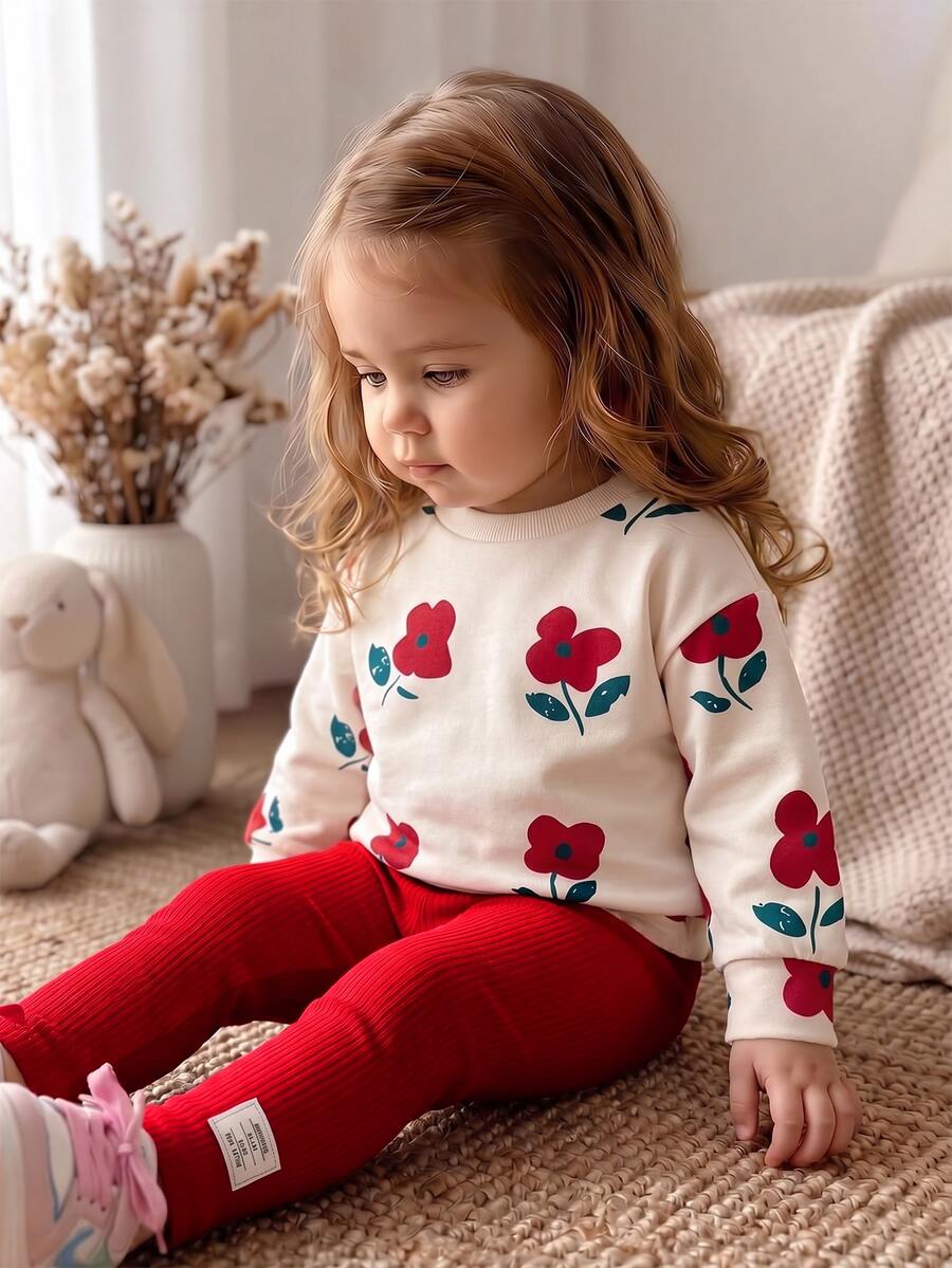 SHEIN Vintaside Kids Baby Girl 2pcs/Set Floral Print Ribbed Crew Neck Sweatshirt And Ribbed Leggings Comfortable & Stylish Casual Set For Autumn/Winter