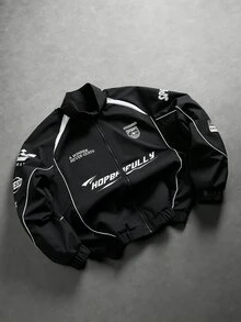 Manfinity EMRG Men's Printed Casual Long Sleeve Outdoor Windbreaker Jacket, Long Sleeve Racing Jacket - Black - View 3