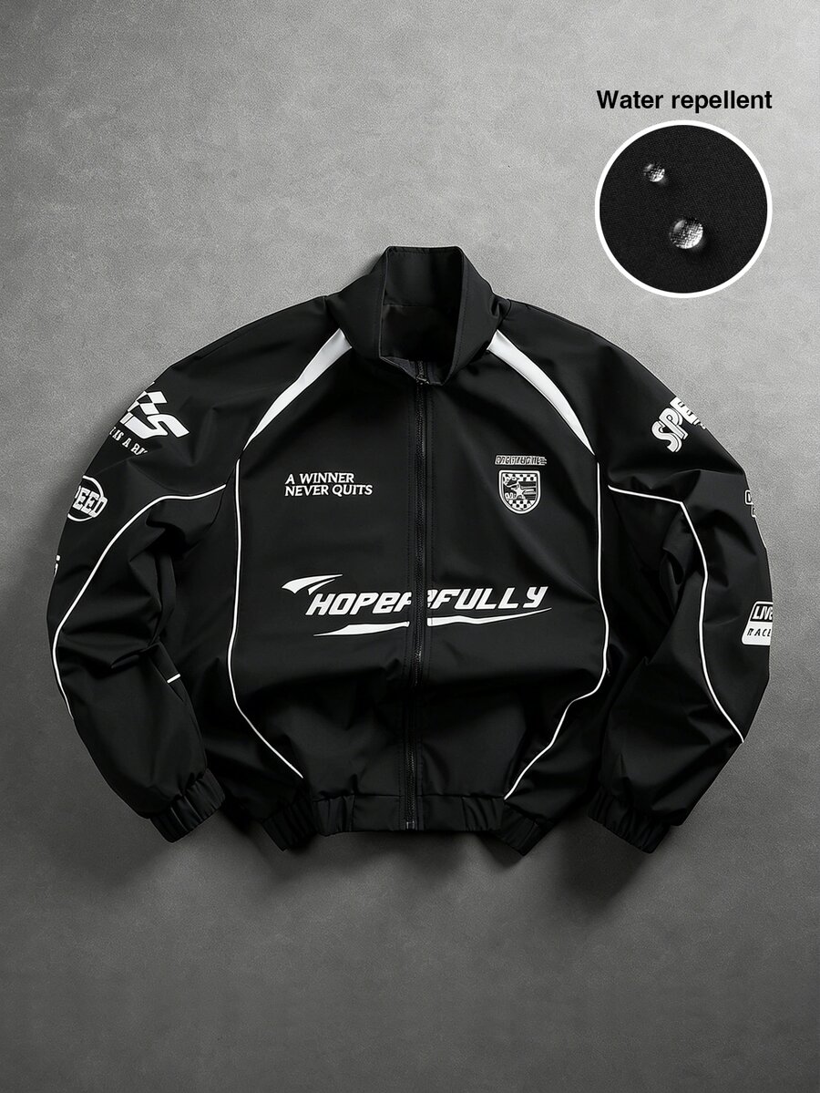 Manfinity EMRG Men's Printed Casual Long Sleeve Outdoor Windbreaker Jacket, Long Sleeve Racing Jacket - Black - View 1