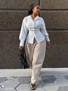 Alexandranx 女款藍色收腰 Y2K Baddie 街頭風 2000年代風格休閒通勤返校長袖襯衫女裝 白色 - 白色 - 查看 4