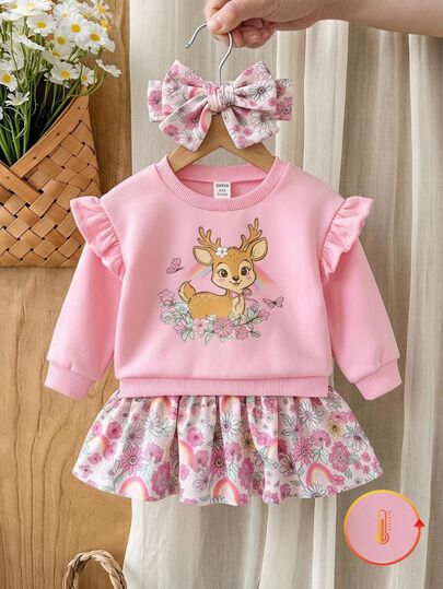 SHEIN Baby Girl Knitted Cute Deer Pattern Ruffle Hem Patchwork Floral Casual Dress