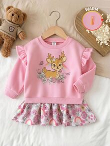 SHEIN LMoss Kids 女嬰針織可愛鹿圖案荷葉邊拼接花卉休閒秋冬洋裝 - 彩色 - 查看 4