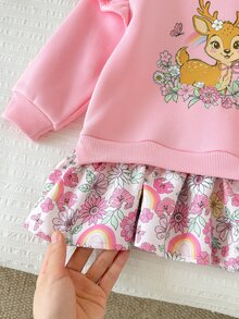 SHEIN LMoss Kids 女嬰針織可愛鹿圖案荷葉邊拼接花卉休閒秋冬洋裝 - 彩色 - 查看 3
