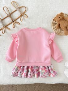 SHEIN LMoss Kids 女嬰針織可愛鹿圖案荷葉邊拼接花卉休閒秋冬洋裝 - 彩色 - 查看 2
