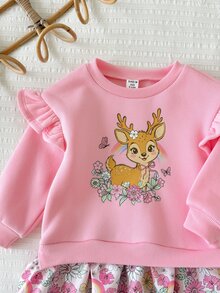 SHEIN LMoss Kids 女嬰針織可愛鹿圖案荷葉邊拼接花卉休閒秋冬洋裝 - 彩色 - 查看 6