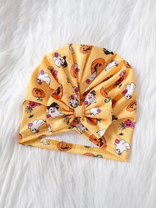SHEIN 新生女嬰萬聖節橘色幽靈南瓜卡通印花連身衣，附配套蝴蝶結帽子，可愛秋季針織羅紋荷葉邊連身衣，適合家庭穿搭、萬聖節派對、可愛不給糖就搗蛋造型，休閒舒適 - 橘色 - 查看 8