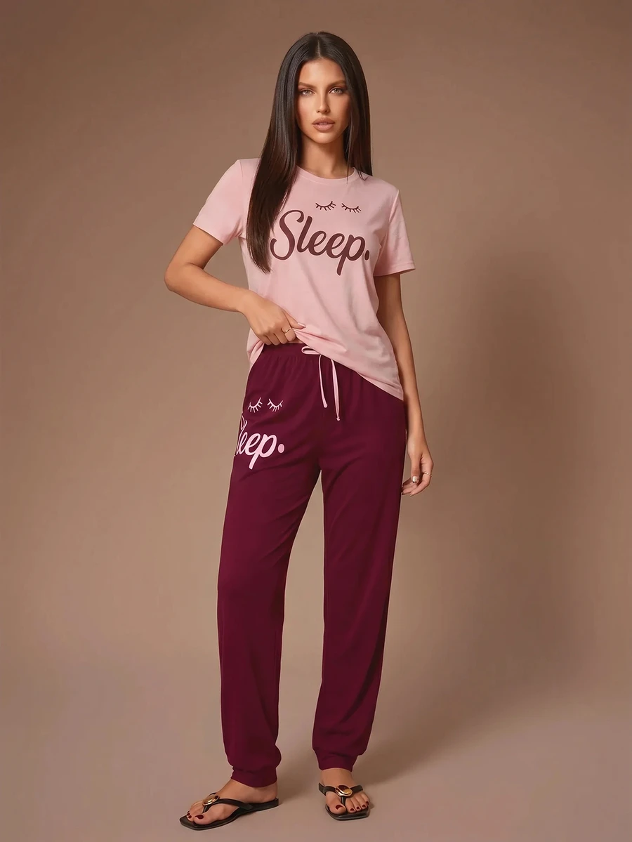 Lazeform Women's Casual Letter Print Pink And Burgundy Drawstring Pajama Set Soft Knitted Fabric PJs - Pink - View 1