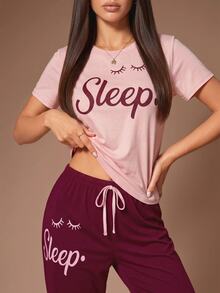 Lazeform Women's Casual Letter Print Pink And Burgundy Drawstring Pajama Set Soft Knitted Fabric PJs - Pink - View 3