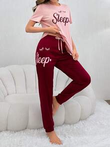 Lazeform Women's Casual Letter Print Pink And Burgundy Drawstring Pajama Set Soft Knitted Fabric PJs - Pink - View 5