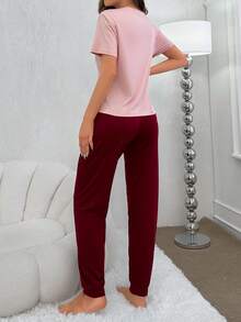 Lazeform Women's Casual Letter Print Pink And Burgundy Drawstring Pajama Set Soft Knitted Fabric PJs - Pink - View 2