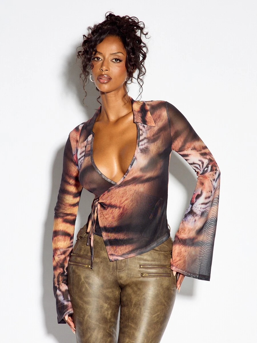 SUMWON WOMEN Tiger Print Photographic Mesh Wrap Blouse With Plunge Neckline Bell Sleeves And Front Tie Detail For Party Night Out - Brown - View 1