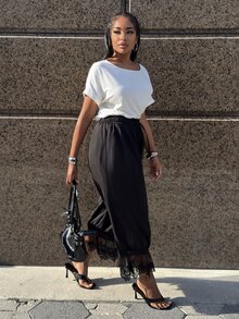 Alexandranx Celana Panjang Wanita Kasual Fashion Street Chic untuk Perjalanan Sehari-hari Minimalis Serbaguna Warna Hitam dengan Tali Serut di Pinggang dan Potongan Lebar untuk Siang Hari dan Musim Panas - Hitam - View 5