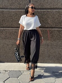 Alexandranx Celana Panjang Wanita Kasual Fashion Street Chic untuk Perjalanan Sehari-hari Minimalis Serbaguna Warna Hitam dengan Tali Serut di Pinggang dan Potongan Lebar untuk Siang Hari dan Musim Panas - Hitam - View 3